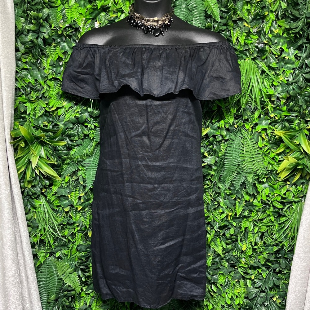 Cubavera Dress Large Black Linen Blend Off‎ The Shoulder Ruffle Resort 3412